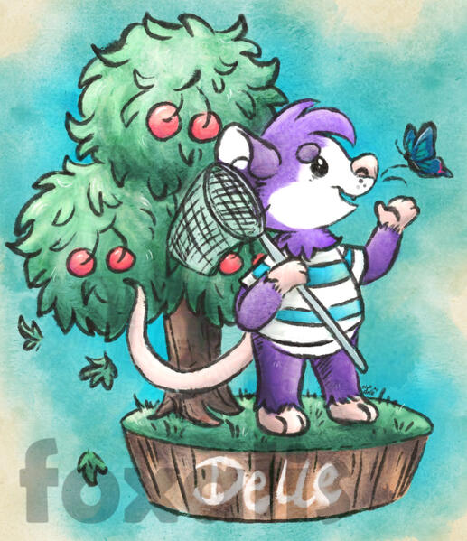 A digital drawing in a watercolor style of a purple opossum holding a bug net. Next to them flies a butterfly, and behind is a cherry tree.
