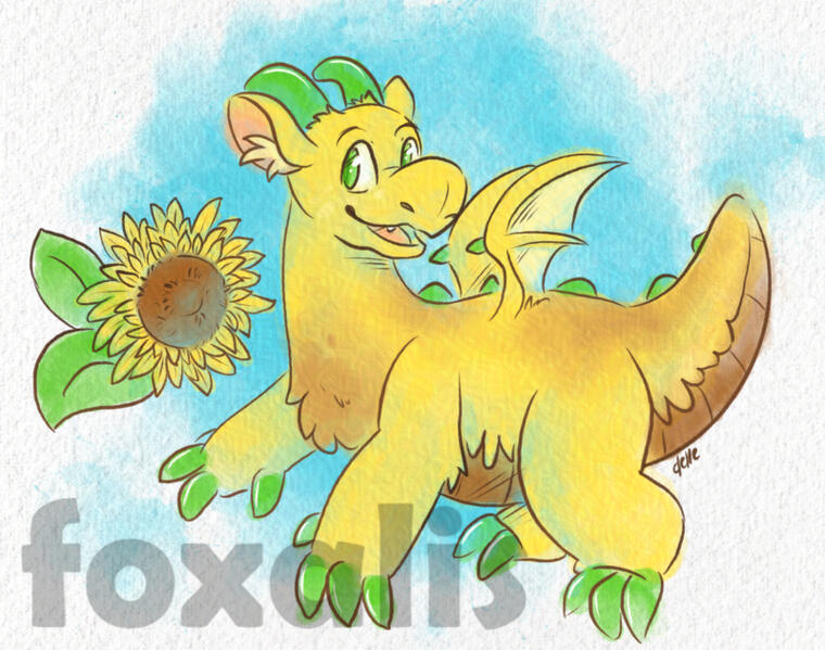 A digital painting of a yellow dragon smiling; next to them is a sunflower.