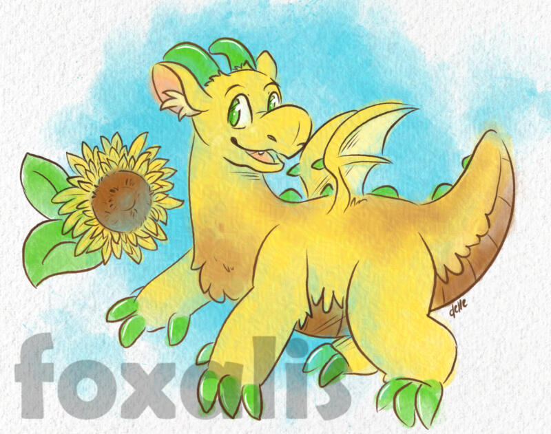 A digital painting of a yellow dragon smiling; next to them is a sunflower.