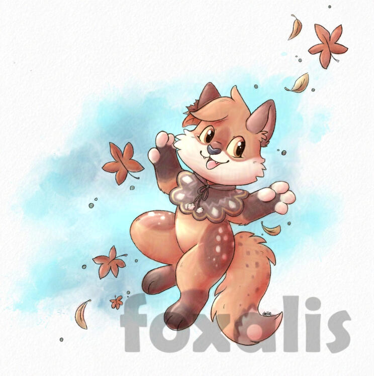 A digital painting of a fox wearing a fabric collar, smiling, with their hands raised. Around them leaves are falling.