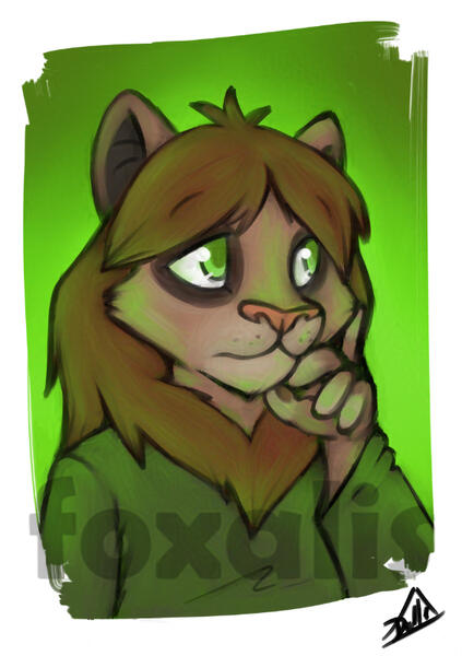 A digital painting in an acrylic style, it is of an anthro lion with a green shirt on. He looks to be in thought.