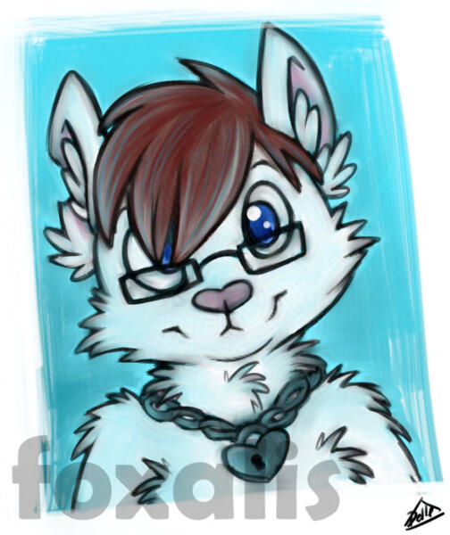 A digital painting in an acrylic style, it is of a fluffy cat smiling. She is wearing glasses and has a chain with a heart lock on it.