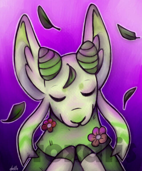 A digital painting in an acrylic style, it is of a goatlike creature looking calm with leaves falling around them.