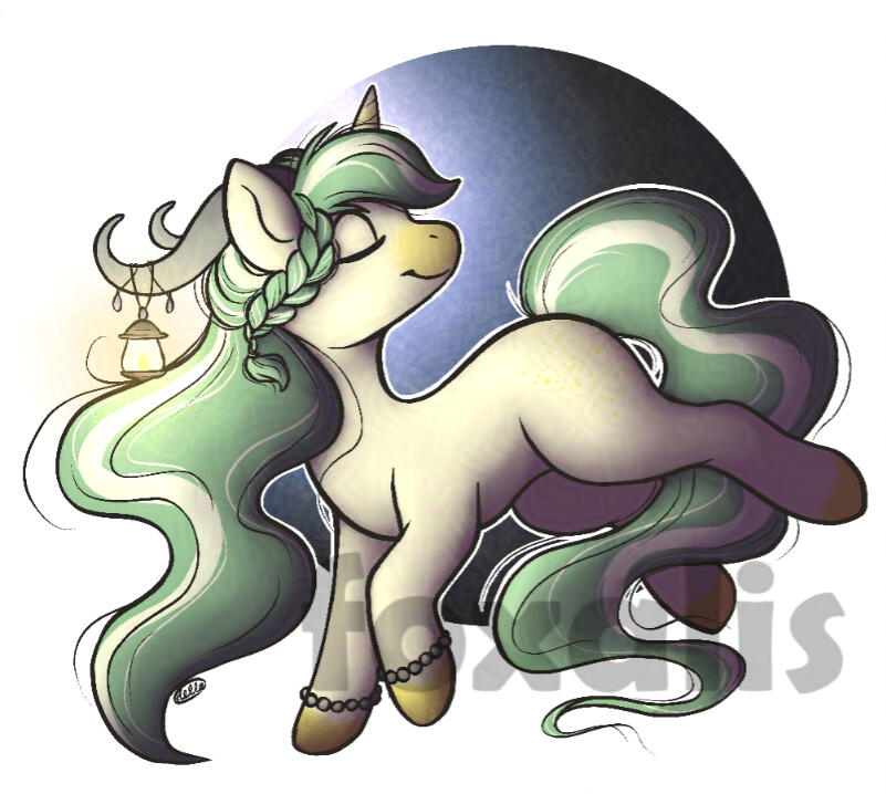 A digital drawing of a yellow pony. It has a unicorn horn and two longer horns sweeping behind their ears. On one of the horns is a lantern that is lighting up the drawing. It's mane and tail are green with a yellow streak.
