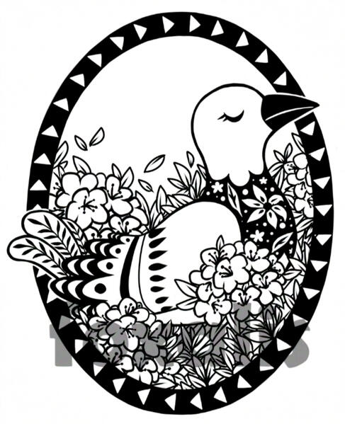 A digital drawing of a folkart mocking bird sitting in some flowers.
