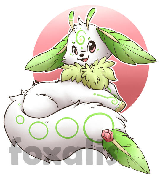 A digital drawing of a cute fluffy critter with large feather ears, antennae, and a gem with a large feather attached to it's tail.