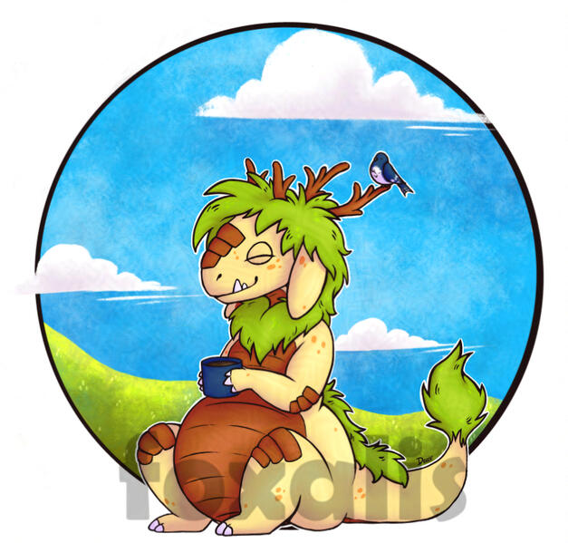A digital drawing of a chubby yellow dragon enjoying a cup of coffee. On its antler is a little bird.
