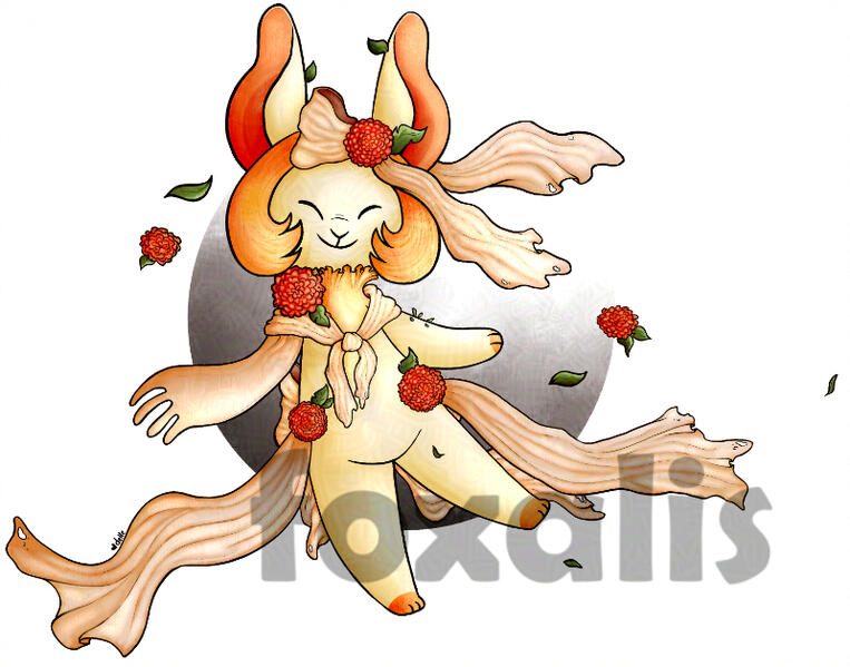 A digital drawing of a rabbit-like creature with fabric wrapped around them that is flowing in the wind. Floating around them are flowers and leaves.