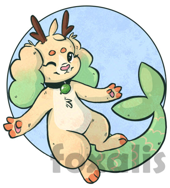 A digital drawing of a smiling mermaid dog.