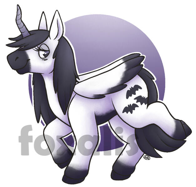 A digital drawing smiling alicorn with a crooked horn. It has black accents, including bats on its hindquarters.