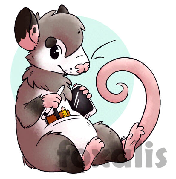 A digital drawing of an opossum sitting and holding a tablet and stylus. In their pouch are other drawing supplies.