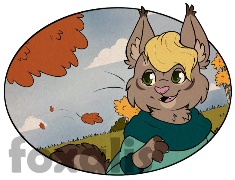 A digital drawing of a cat wearing a sweater and looking back at leaves falling from a tree.