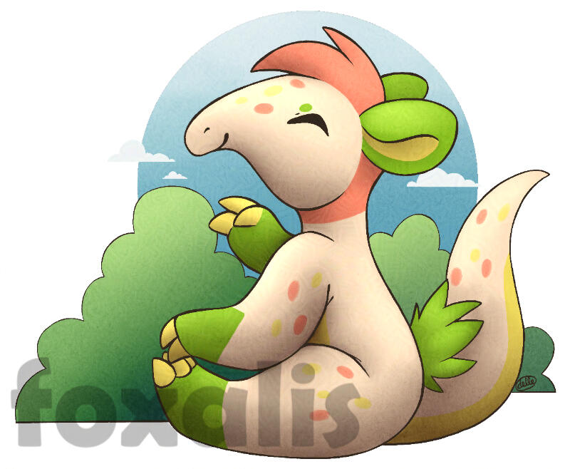 A digital drawing of a cartoon anteater sitting in front of a bush and waving. It has cream fur with orange and green accents.
