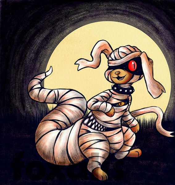 A digital drawing of a spooky creature wrapped up like a mummy.