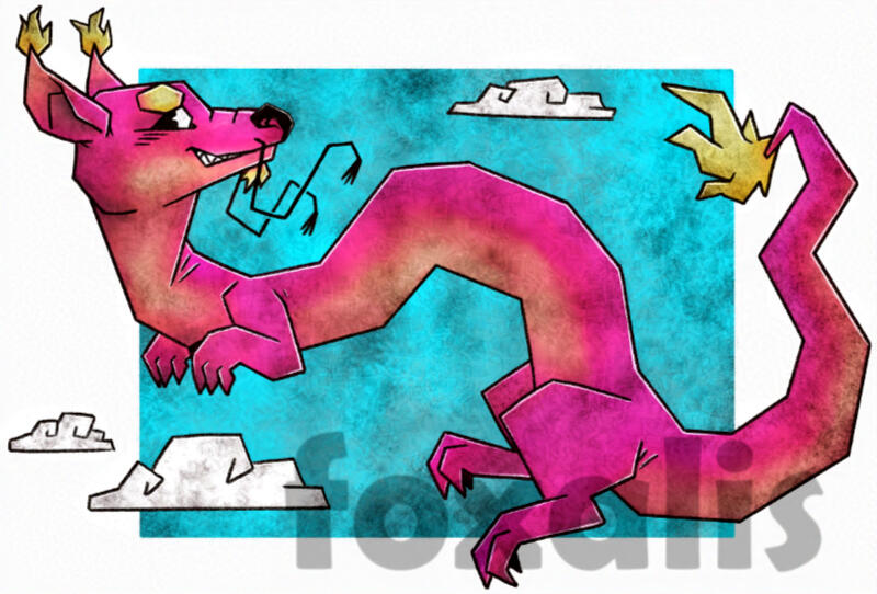 A digital drawing of an angular noodle dragon.
